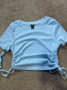 SHEIN Baby Blue Ribbed Ruched Side Crop Top